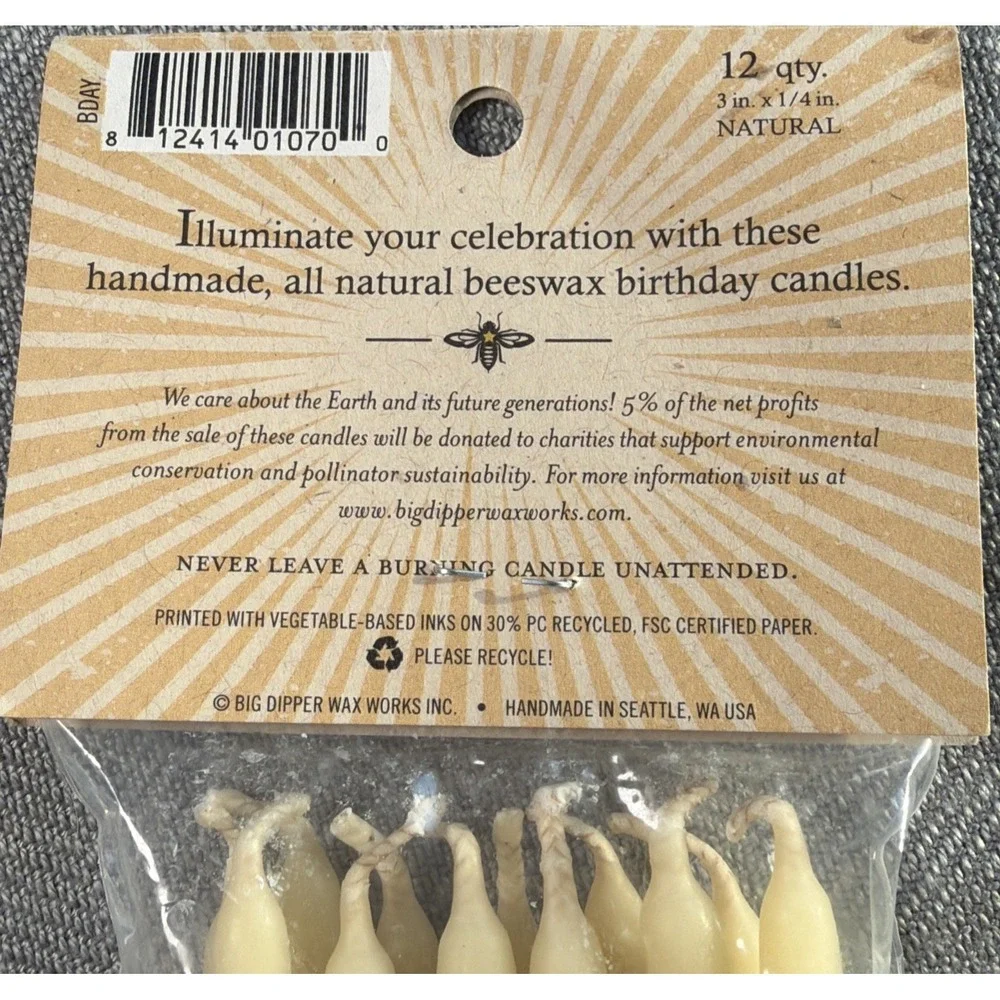 12ct 100% Pure Beeswax Hand Dipped Birthday Candles ~ Big Dipper Wax Works Tan